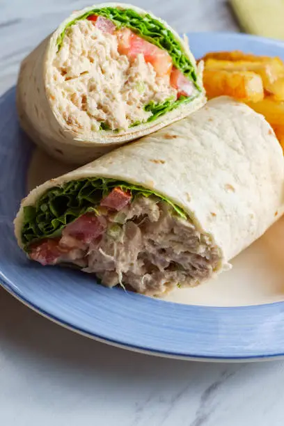 Tuna salad wrap sandwich with french fried potatoes