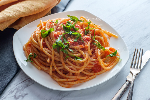 Authentic Italian bucatini all'amatriciana made with san marzano tomatoes and garnished with fresh chopped basil and grated pecorino romano cheese