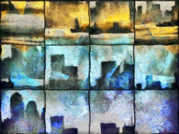 Urban silhouettes Abstract painting. Urban silhouettes on square mosaic pattern. 3D rendering parallel port stock pictures, royalty-free photos & images