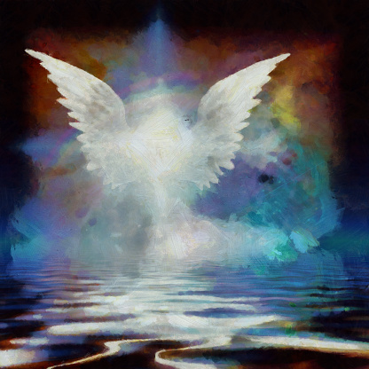 Wings over water. Digital painting. 3D rendering