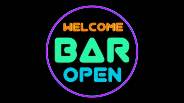 Neon sign text animation welcome Bar Open on black background. Business and service concept.illuminated shining and glowing