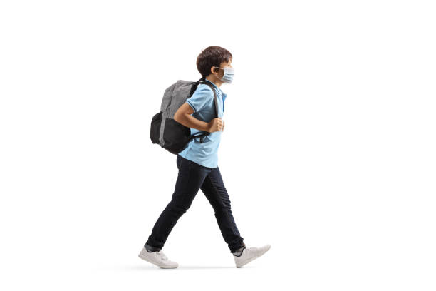 istock Schoolboy with a backpack walking to school and wearing a protective mask 1264720477