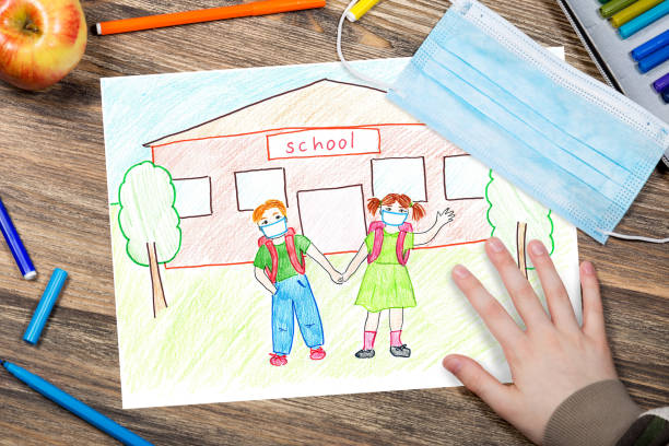 Child's drawing with school and pupils wearing masks on it. Back to school 2020 after quarantine. stock photo