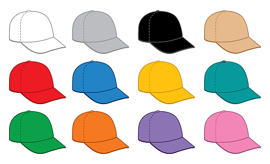 Vector illustration of twelve multi colored baseball caps on a white background.