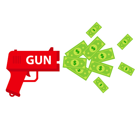 shoot the toy gun with bills. waste of money. flat vector illustration isolated on white background.