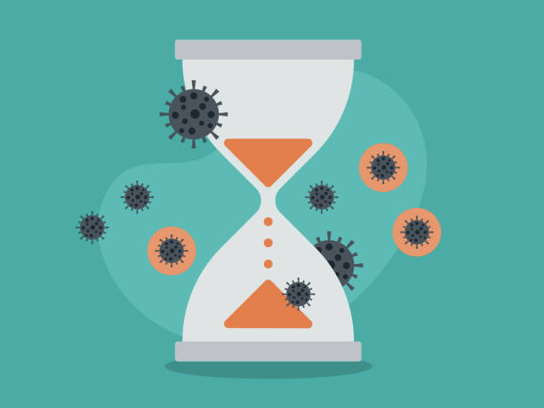 Hourglass surrounded by coronavirus cells running out of time Modern flat vector illustration appropriate for a variety of uses including articles and blog posts. Vector artwork is easy to colorize, manipulate, and scales to any size. impatient stock illustrations