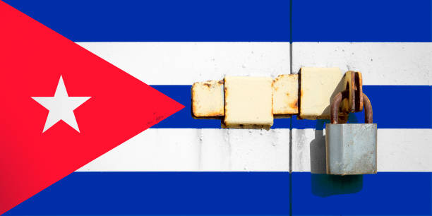 istock Cuba flag is on texture. Template. Coronavirus pandemic. Countries may be closed. Locks. 1264727508