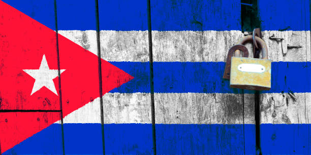 istock Cuba flag is on texture. Template. Coronavirus pandemic. Countries may be closed. Locks. 1264727510