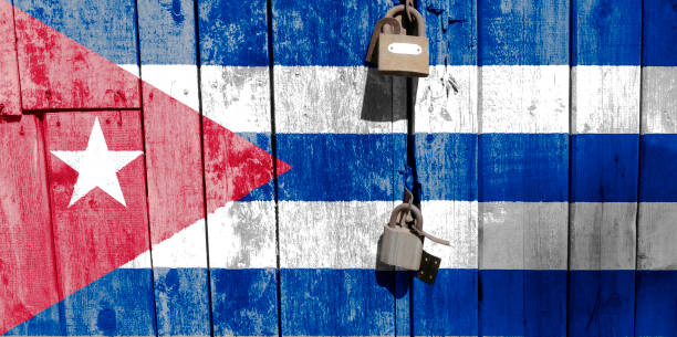istock Cuba flag is on texture. Template. Coronavirus pandemic. Countries may be closed. Locks. 1264727511
