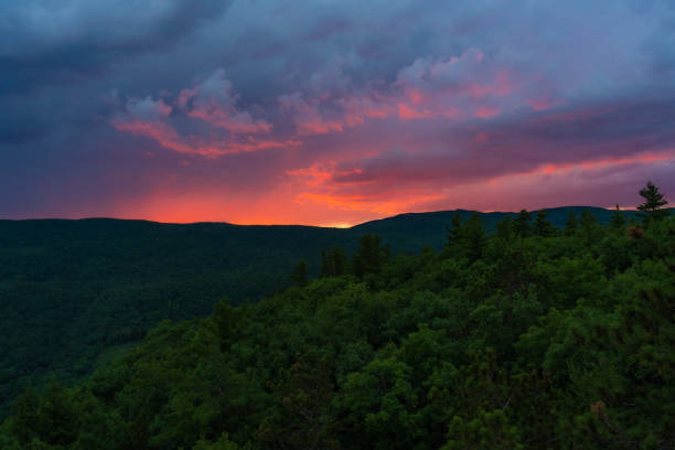 Mount Rattlesnake peak in New Hampshire sunset with trees in foreground