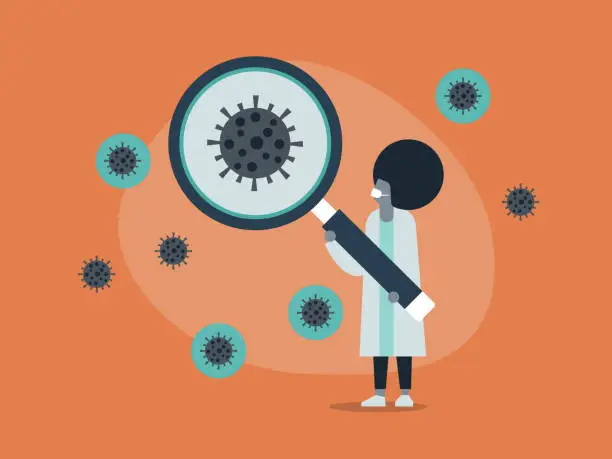 Vector illustration of Doctor examining giant coronavirus cells
