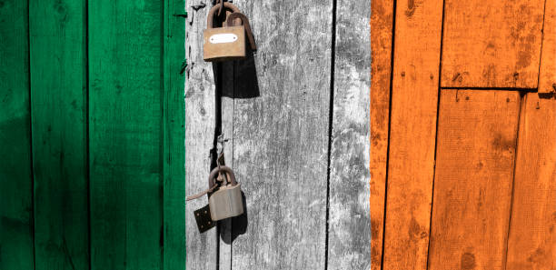 istock Ireland flag is on texture. Template. Coronavirus pandemic. Countries may be closed. Locks. 1264729096