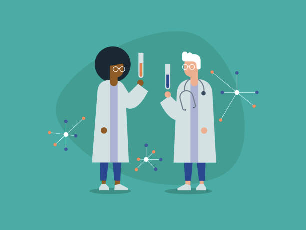 Illustration of two medical researchers with chemistry equipment Modern flat vector illustration appropriate for a variety of uses including articles and blog posts. Vector artwork is easy to colorize, manipulate, and scales to any size. senior getting flu shot stock illustrations