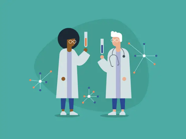 Vector illustration of Illustration of two medical researchers with chemistry equipment