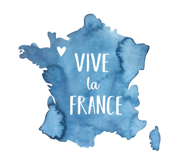 ilustraciones, imágenes clip art, dibujos animados e iconos de stock de dibujo a color del agua del mapa azul marino de francia con mensaje: "vive la france". gráfico de acuarela pintado a mano sobre blanco, elemento aislado para el diseño, tarjeta de felicitación, tee-shirt impresión, póster, banner. - president of france