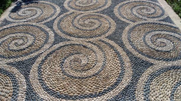 istock Swirling walkway pattern of miniature stones. 1264732130