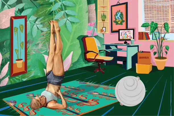 Vector illustration of Girl doing yoga in a cozy living room