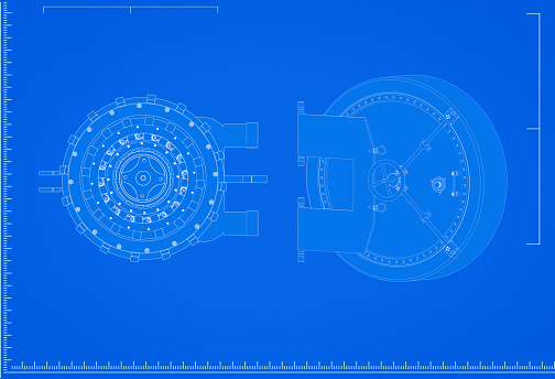 3d rendering bank vault blueprint with scale on blue background