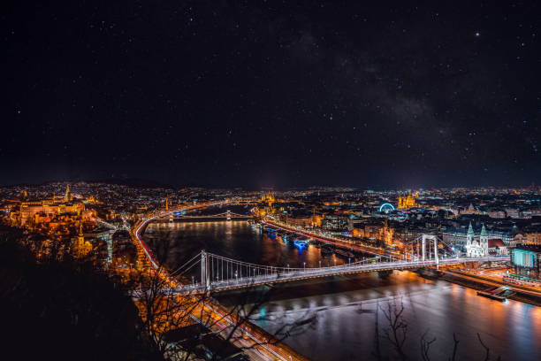 puente de las cadenas y parlamento en budapest al atardecer - budapest chain bridge panoramic hungary fotografías e imágenes de stock