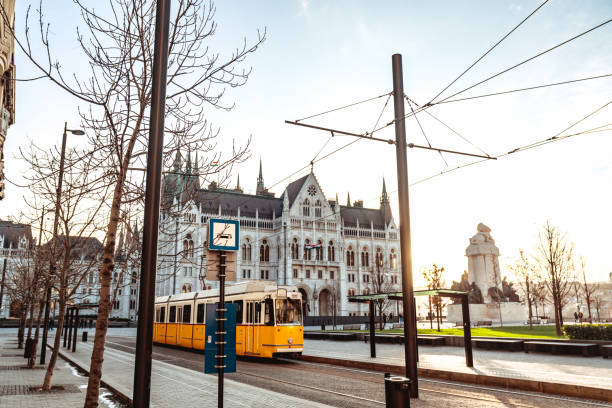 istock Typical yellow tram at the parliament in Budapest 1264738304