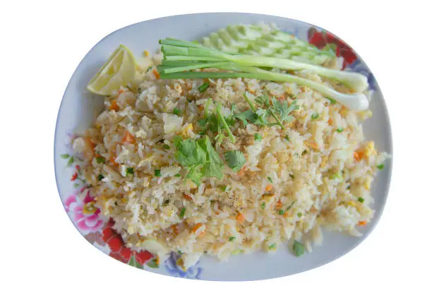 Photo of Top view of Crab Fried Rice, die cut on white isolated, focus selective.