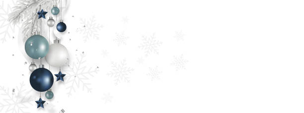 ilustrações de stock, clip art, desenhos animados e ícones de christmas balls hanging with grey pine trees, stars, isolated on white background. xmas holiday banner. copy space. vector illustration. - copy space single object confetti nobody