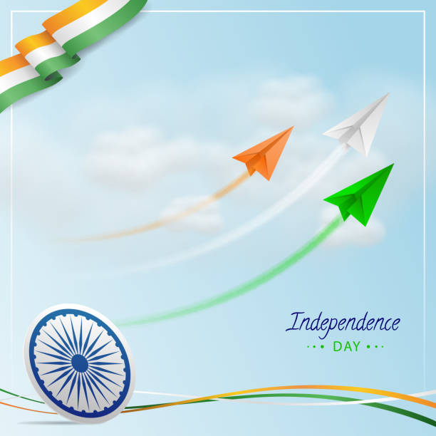 Indian Independence Day with Tri colors flying Paper Plane, Ashoka wheel on Cloudy Background. Indian Independence Day with Indian Tri colors flying Paper Jet Planes with Trails, Ashoka wheel, National Indian Flag Tricolours wave on Cloudy Blue Background. Happy Independence Day images stock illustrations