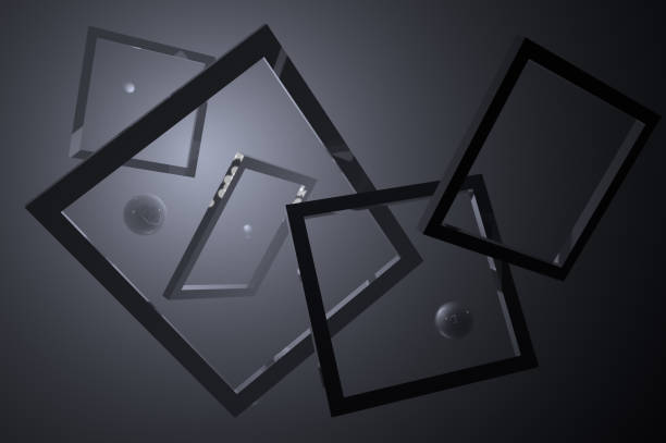 3D abstraction in the form of various shapes located in a chaotic manner in a dark space and gray fog, creating an absurdity