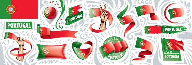 векторный набор национального флага португалии в различных творческих конструкций - portugal stock illustrations