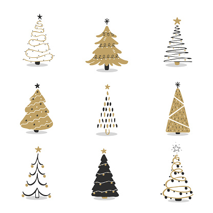 Set of black and gold christmas tree icons. Xmas symbol, simple pictogram collection. Winter season design element. New year silhouette sign. Vector illustration in flat style