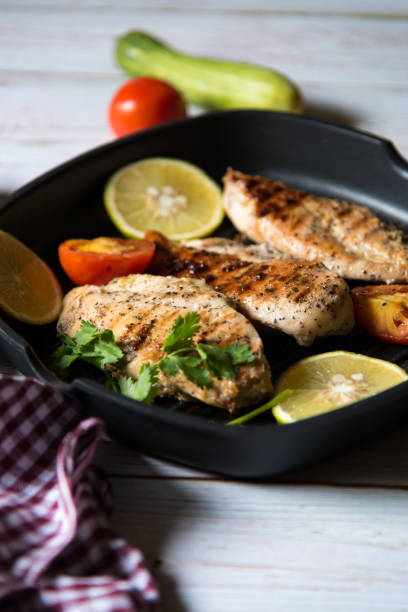 istock Vertical angle of Chicken steak on a pan 1264779755