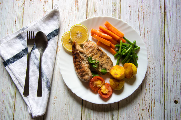 Top view of steak meal on a background