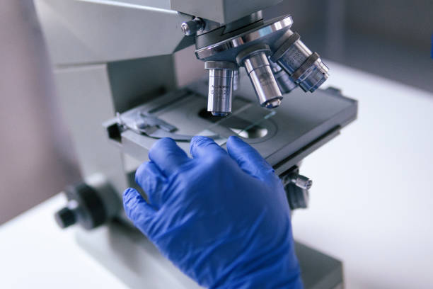 istock Coronavirus protection. Scientific researches in microbiological laboratory on Coronavirus vaccine in medical clinic. Female doctor wearing a protective face mask looking at microbiology samples through a medical microscope. 1264781894