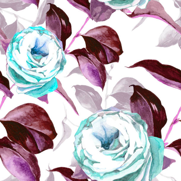 istock Watercolor white turquoise roses and brown leaves on white seamless pattern. 1264782720