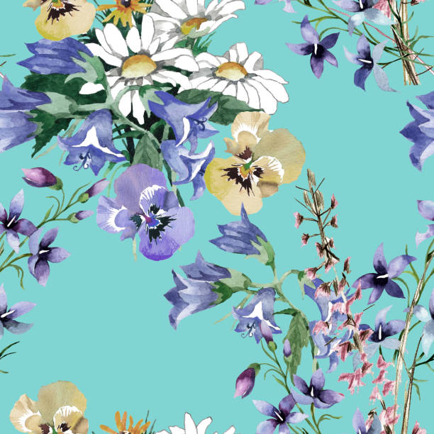 illustrations, cliparts, dessins animés et icônes de les budgets de fleurs sauvages d’aquarelle sur le modèle de sans couture turquoise léger. - campanula bluebell backgrounds white