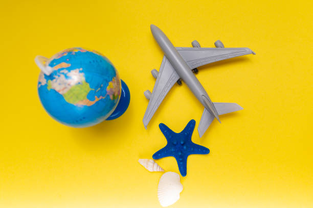 istock airplane small globe and starfish on a yellow background 1264783525