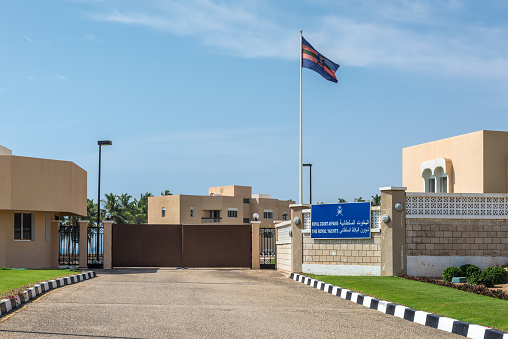 Salalah, Oman - November 19, 2019: Entrance to the Oman Royal Yacht Squadron administered by the Royal Court Affairs in Salalah, Oman.