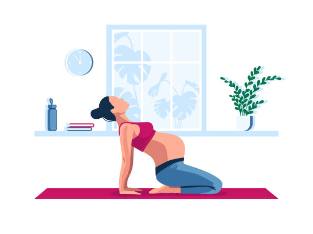 Young pregnant woman doing sport at home. Prenatal yoga exercise. Flat vector illustration isolated on white. Young pregnant woman doing sport at home. Prenatal yoga exercise. Flat vector illustration isolated on white. ustrasana stock illustrations