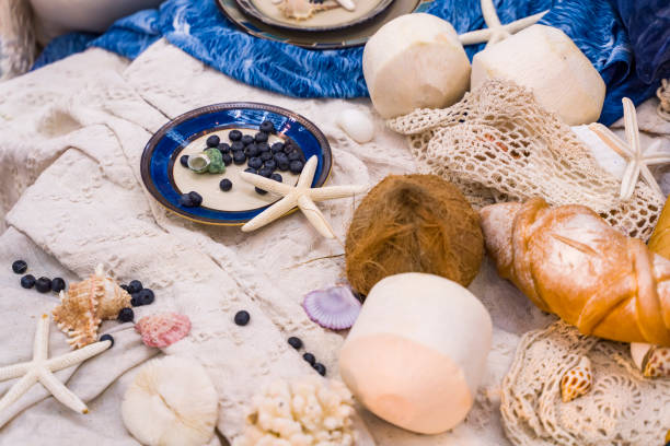 istock Beach Themed Ocean Wedding Reception Decorations. Party Centerpiece with Starfish 1264785620