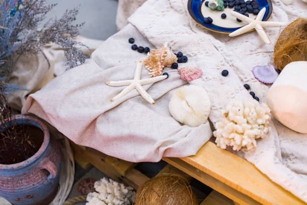 istock Beach Themed Ocean Wedding Reception Decorations. Party Centerpiece with Starfish 1264787508