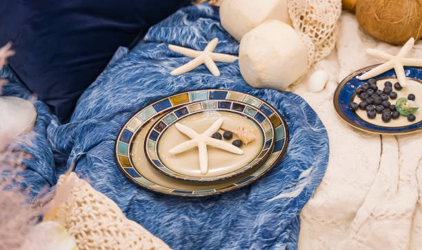 istock Beach Themed Ocean Wedding Reception Decorations. Party Centerpiece with Starfish 1264788768