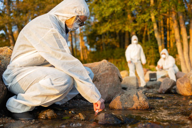 istock Female scientist collecting water sample from sea 1264789536