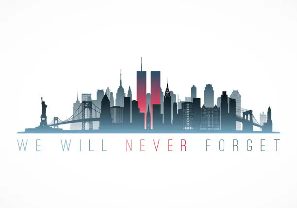 Vector illustration of Patriot Day banner. New York city skyline with Twin Towers. September 11, 2001 National Day of Remembrance. World Trade Centre. Vector illustration.