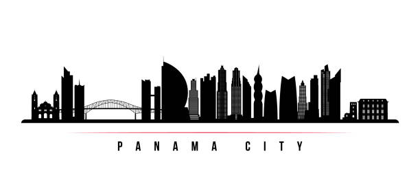 illustrazioni stock, clip art, cartoni animati e icone di tendenza di striscione orizzontale skyline di panama city. silhouette in bianco e nero di panama city, panama. modello vettoriale per il progetto. - panama