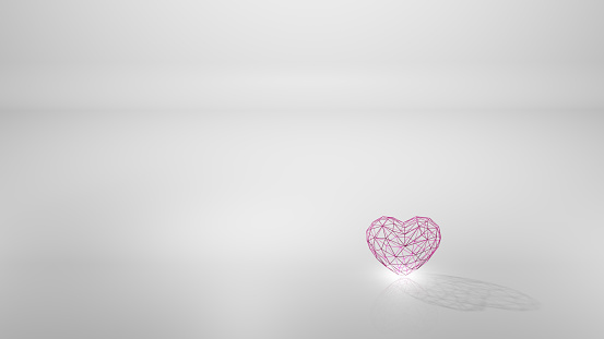 Pink heart wireframe and its reflection on white floor (3D Rendering)