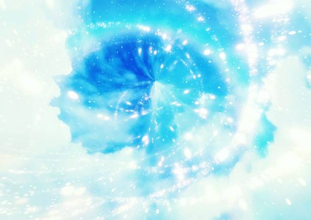 Illustration of a rainbow with abstract rays swirling in the blue sky