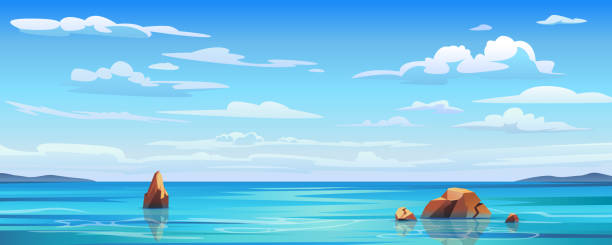 바다 배경에서 하늘과 태양, 바다와 해변 벡터 섬 풍경 빈 평면 만화. 하늘에 파도와 구름이 있는 바다 또는 바다 물, 흐린 하늘과 해변의 파노라마가 있는 여름 푸른 바다 풍경 - sky stock illustrations