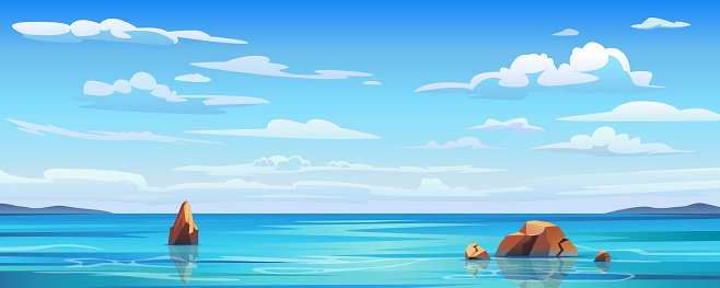 Sky and sun at sea background, ocean and beach vector island scenery empty flat cartoon. Ocean or sea water with waves and clouds in sky, summer blue seascape with cloudy sky and seaside panorama