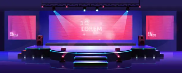 Vector illustration of Stage of conference hall, presentation and concert scene, vector empty background template. Modern event stage with speaker podium, chair seats, spotlights and projector display monitors on screen