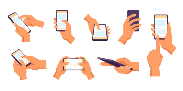 ilustrações de stock, clip art, desenhos animados e ícones de hand holding smartphone. vector icon of people hold smartphone or using touch gestures for mobile phone while reading. press and point, pich and unpinch, rotate and swipe symbol. digital device - hands holding